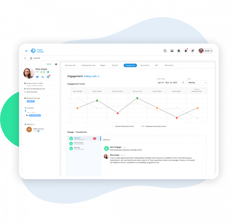 Harri Engage analytics platform tracks employee touchpoints like check-ins, performance personal milestones in dedicated dashboards.